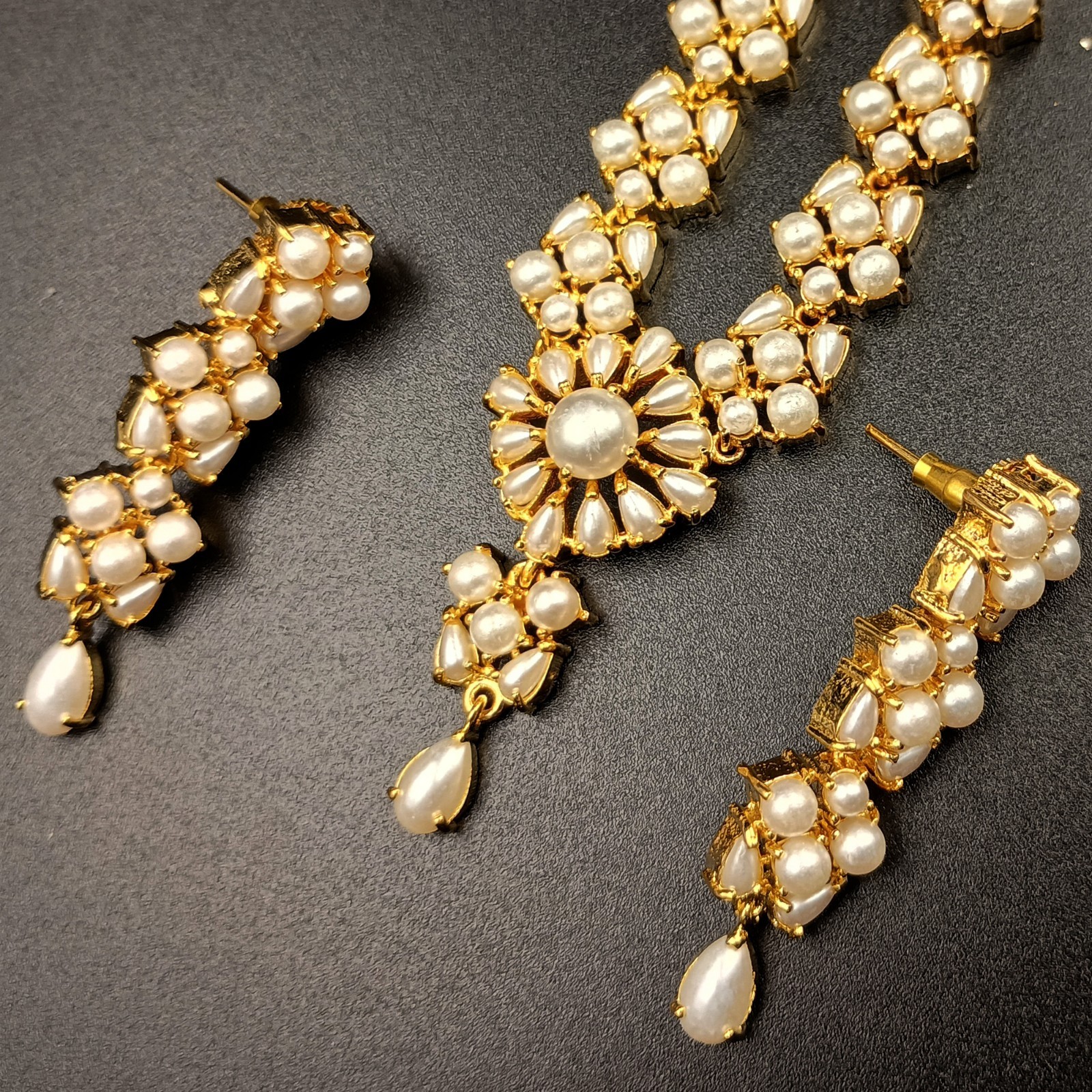 Vintage 22K Gold Plated Pearl Necklace Set Traditional Ethnic Statement Sets