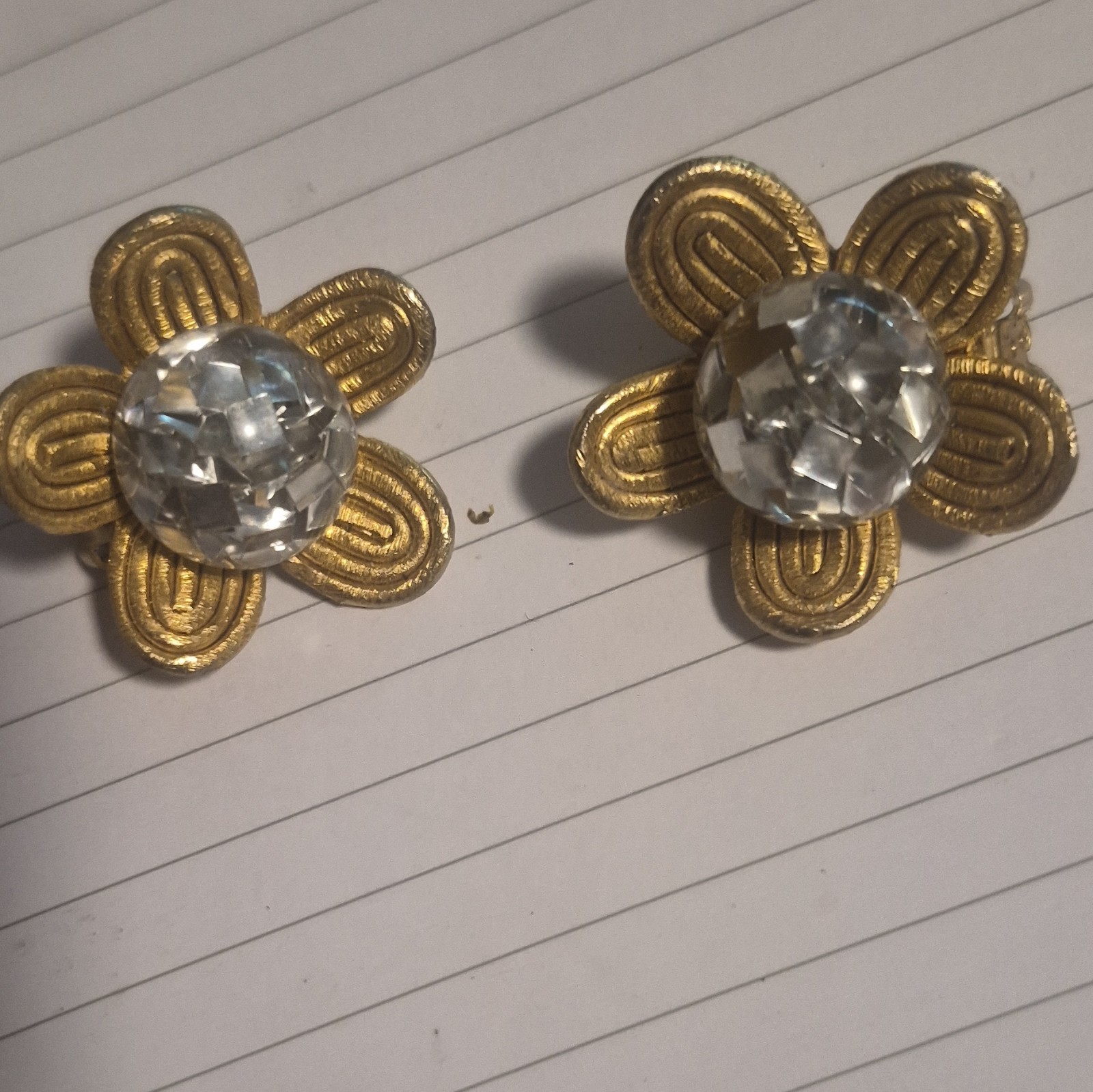 Gold Tone Flower Clip-On Stud Earrings w/ Clear Rhinestone Center Pair