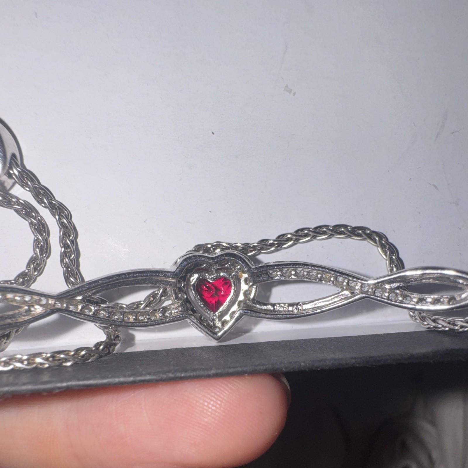 Kay Jewlers Silver-Tone Rope Chain Bracelet Slide Closure Red Heart Crystal