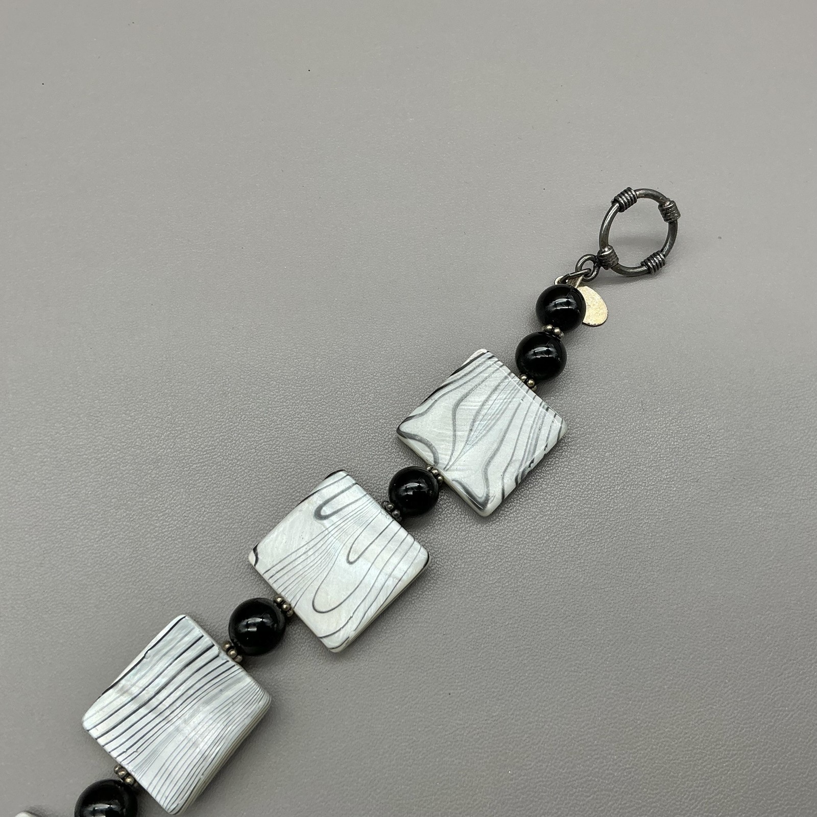 Donna Dressler Necklace Bracelet Earrings Set Black White Beaded Square Design