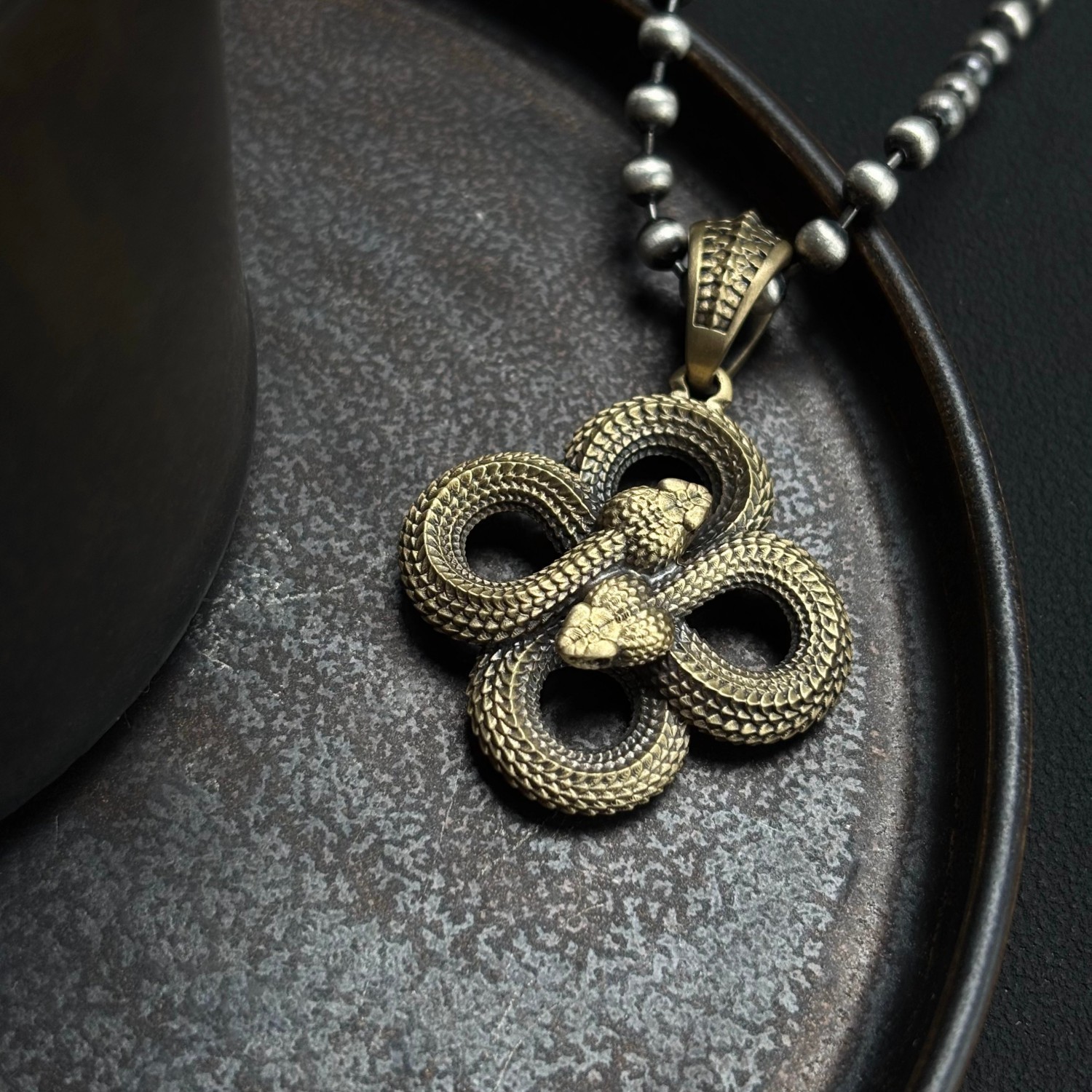 Brass Double Snake Pendant Infinity Design Black Zircon Eyes Renewal Symbol