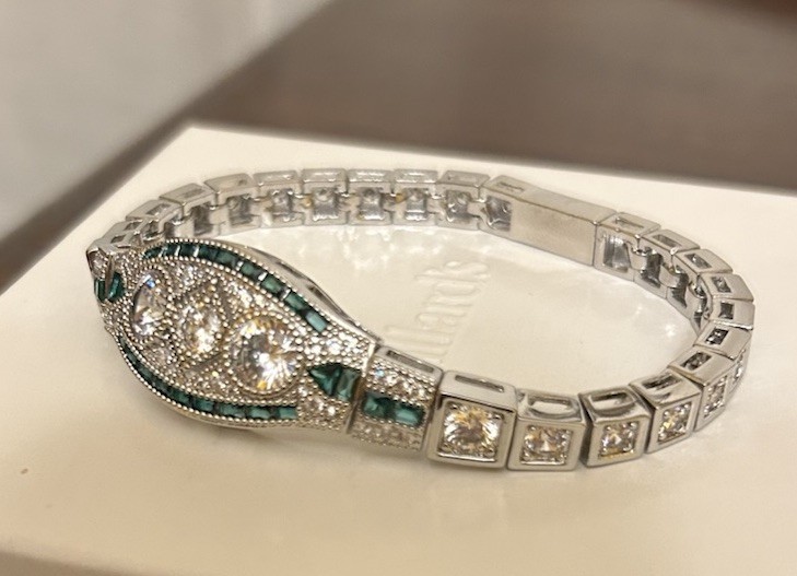 Silver Tone Emerald Green CZ And Diamond CZ Art Deco Inspired Bracelet NWT