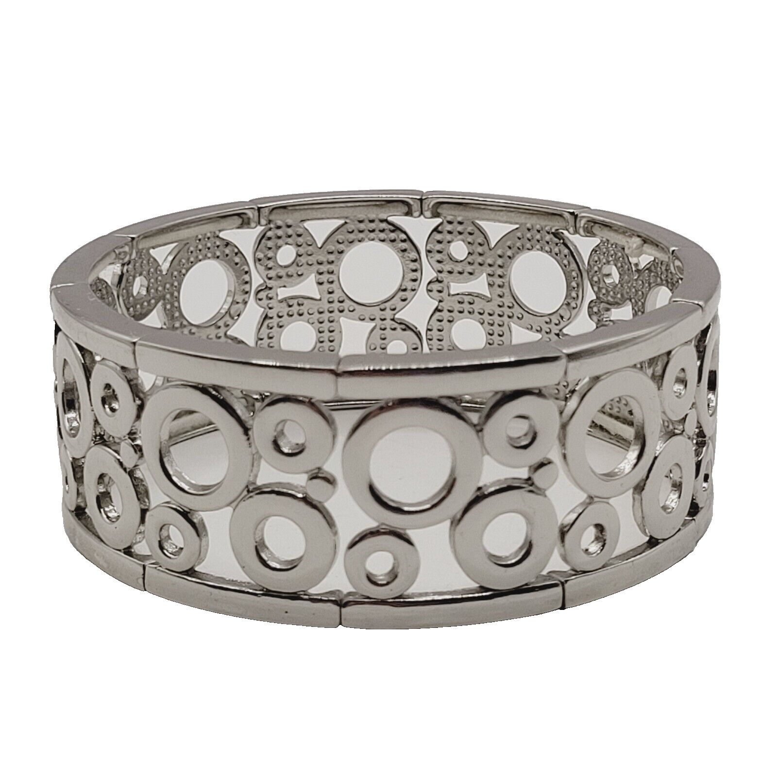 Modern Art Deco Open Circles Shiny Silver Tone Stretch Modernist Bracelet