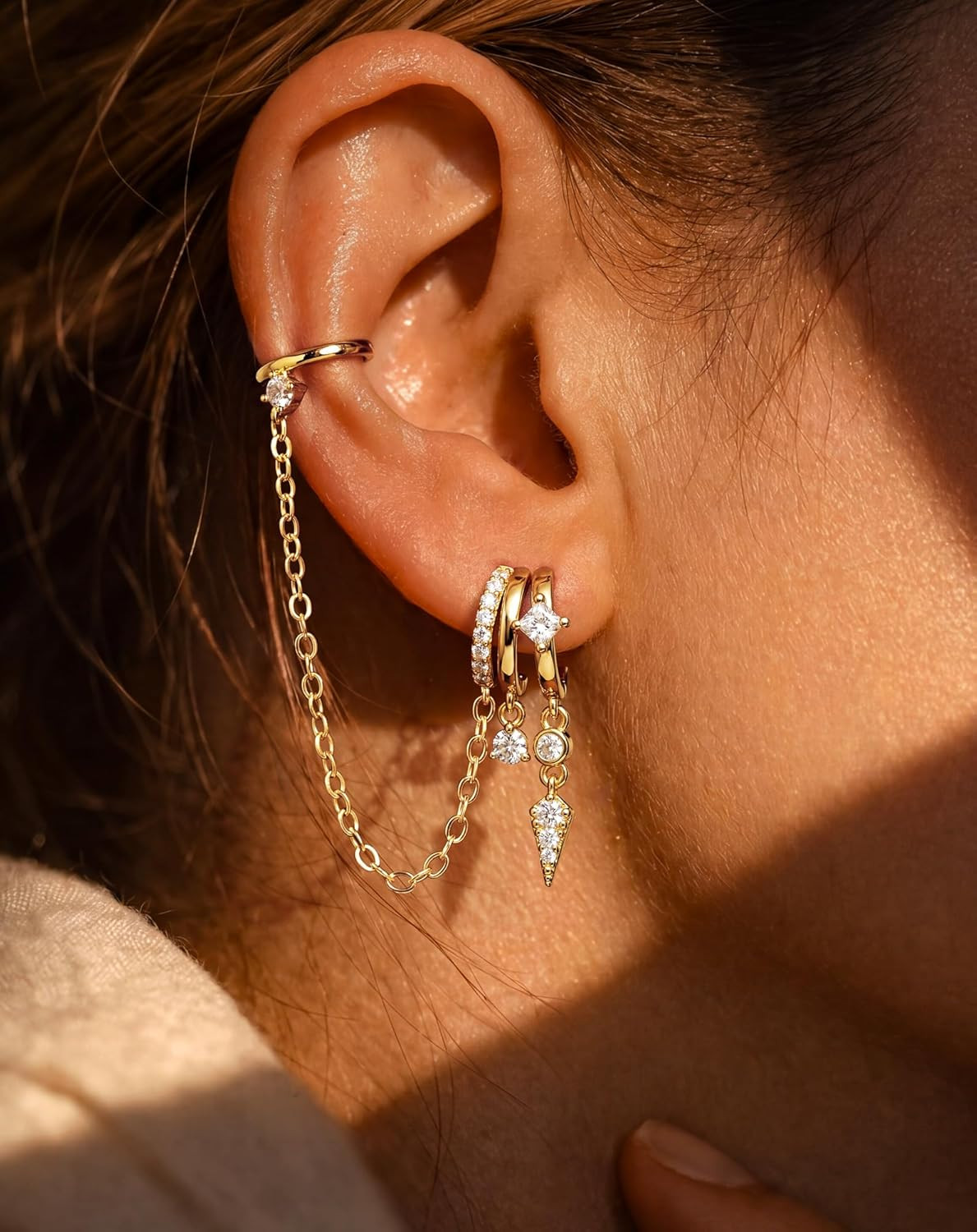 Triple Huggie Stacked Earrings for Women Gold Chain Drop Dangle Earrings Cute St