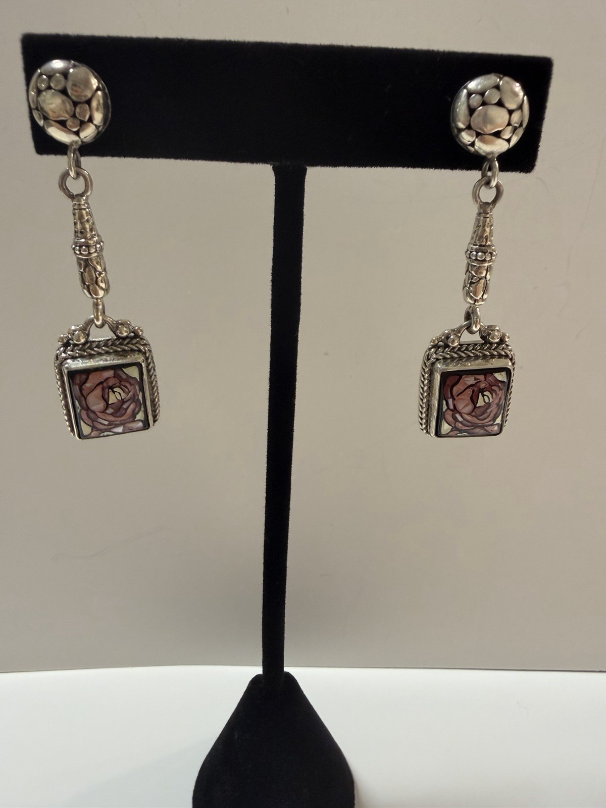 SARDA 925 Sterling Silver Pink Mother of Pearl Mosaic Rose Dangle Earrings