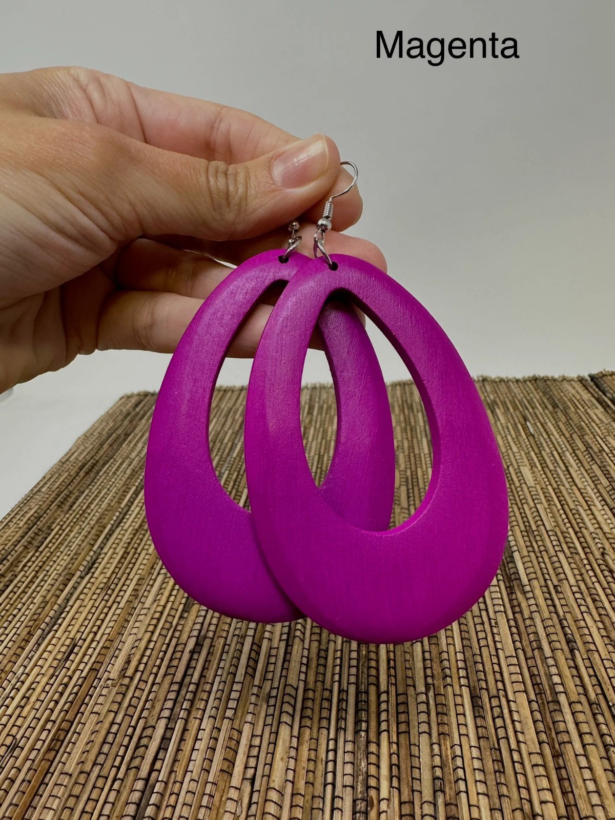Pink Wooden Dangle Earrings Drop Shape Handmade Lightweight 3in Boho Colorful
