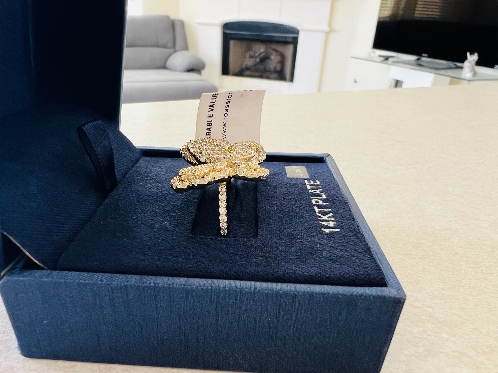 Oversized Butterfly Cocktail Ring Gold Tone Pave Crystal Rhinestone Size 7 Glam