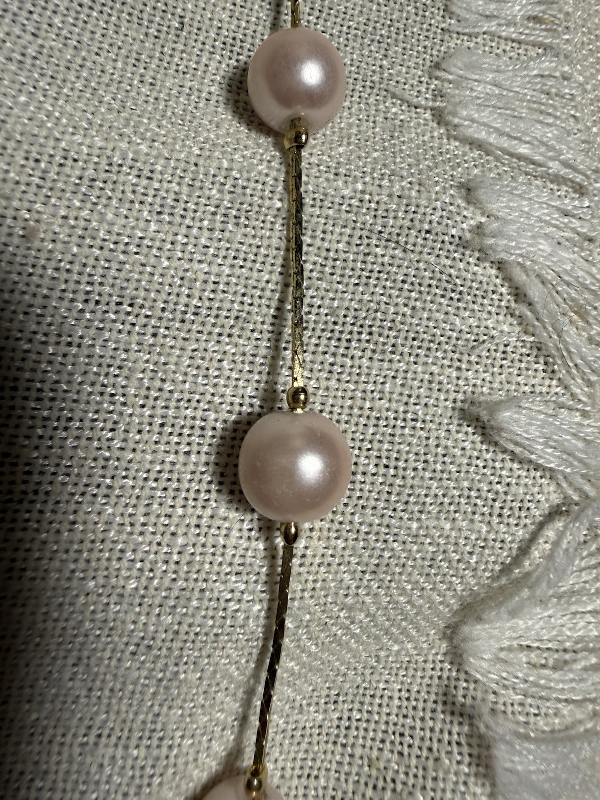 #6 Gold Tone Station Cable Chain Necklace Pink Round Pearl Bezel 18” Spring Ring