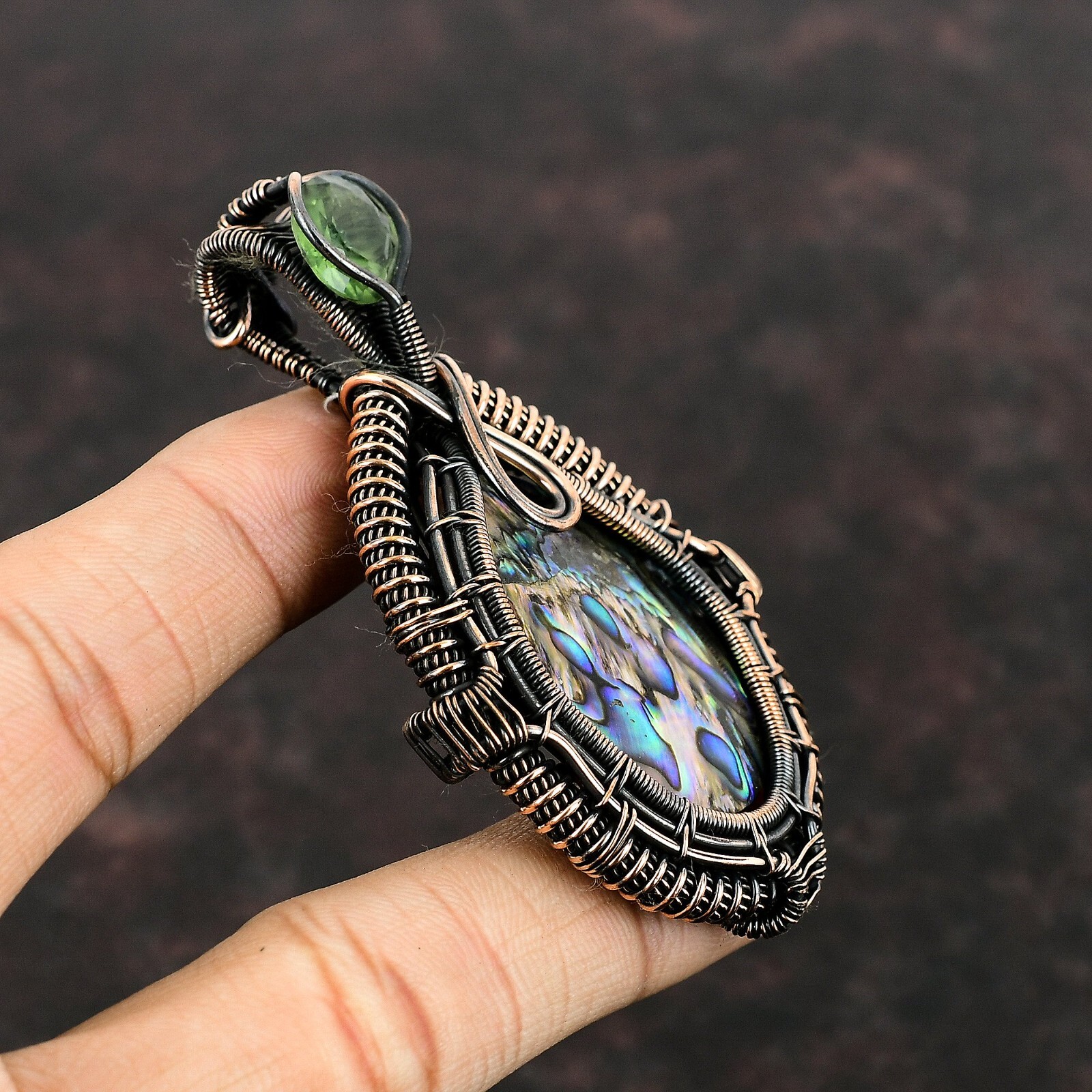 Abalone Shell Wire Wrapped Pendant Handcrafted Copper Partywear 3.15″
