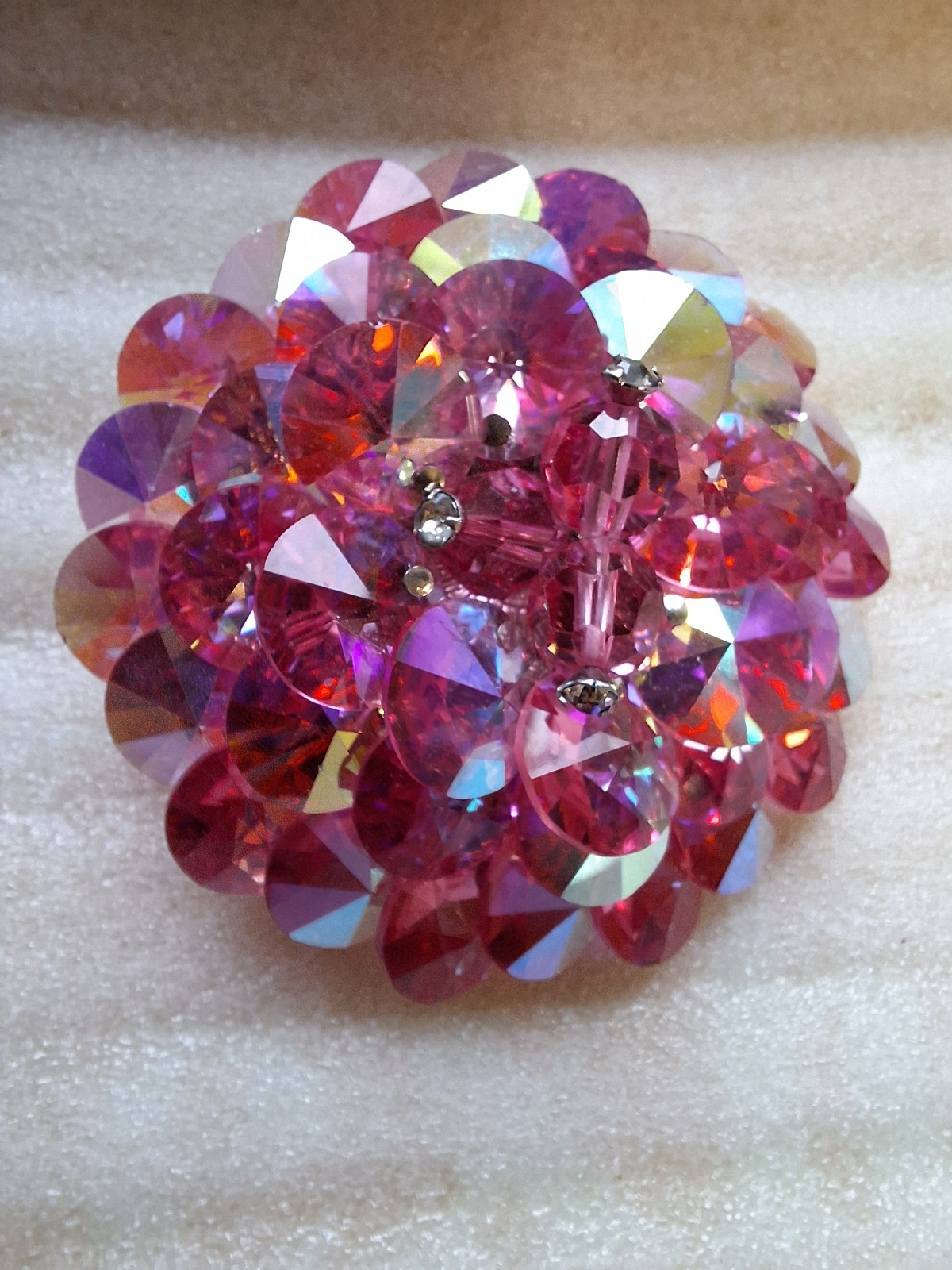 Pink Aurora Borealis Crystal Rhinestone Flower Cluster Brooch Pin, Metal Signed