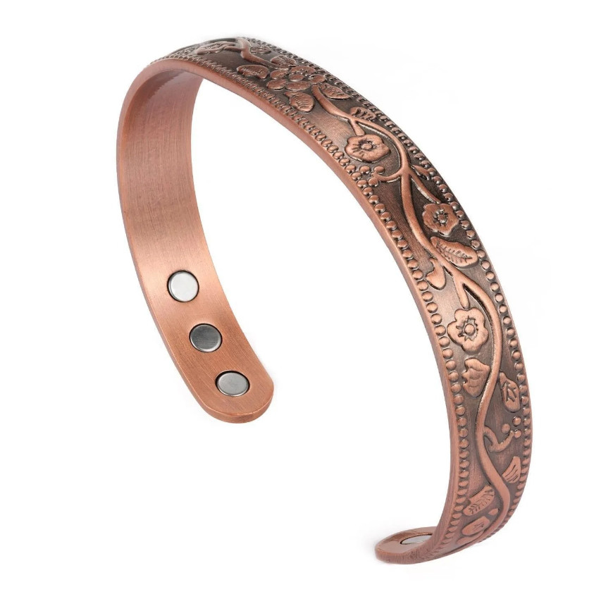 1pcs Retro Flower Magnetic Bracelet & Ring Set – Ancient Red Copper Jewelry