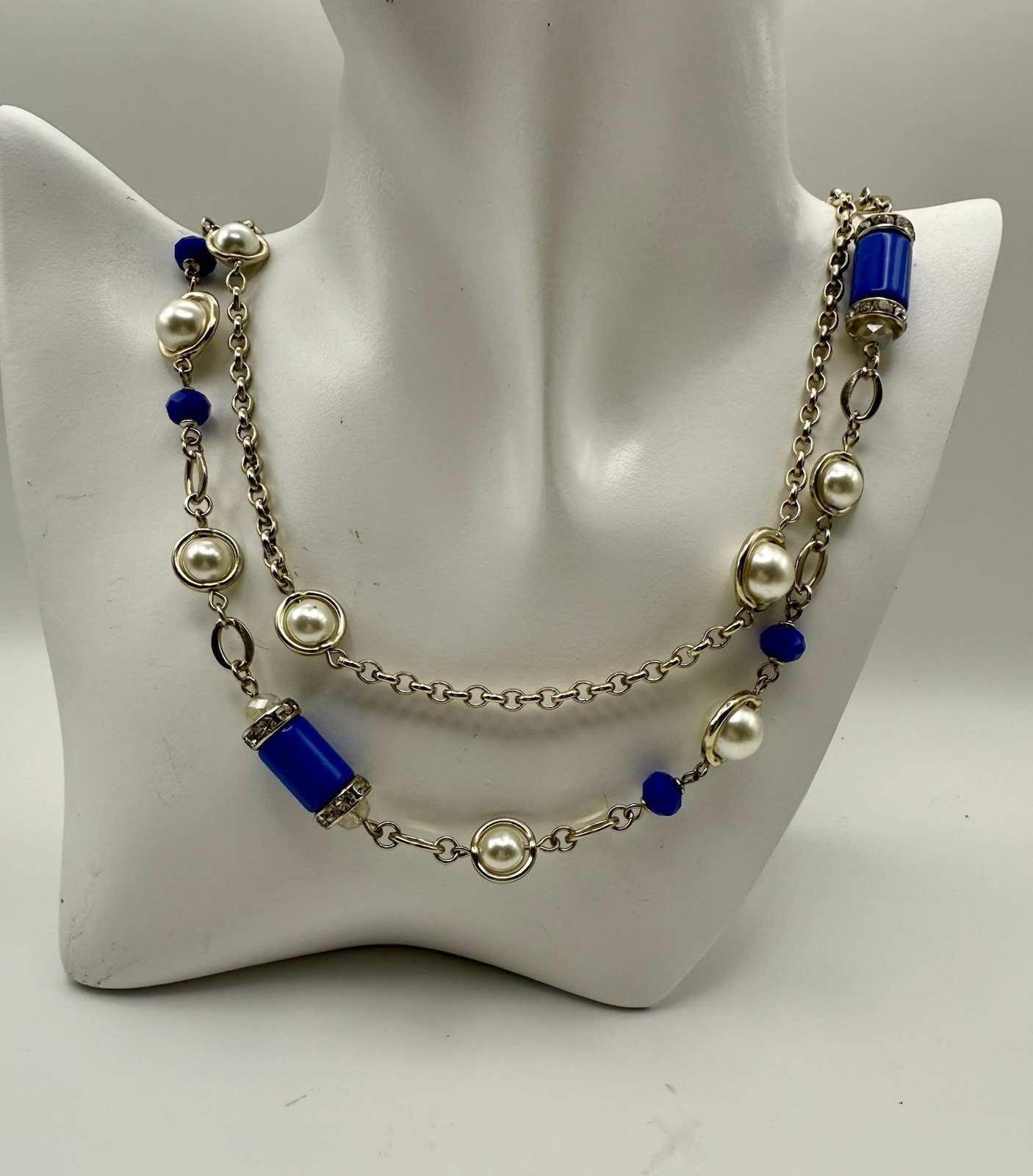 WHBM Convertible 3 in 1 Necklace Cobalt Pearl 38″ Champagne Gold Tone SportGlam