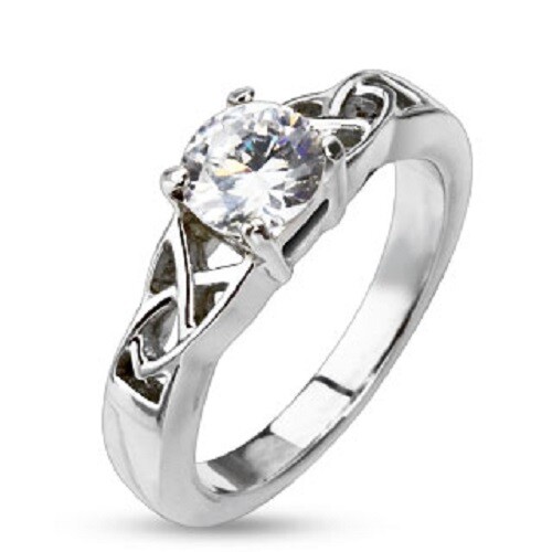 Stainless Steel Celtic Knotted Frame Engagement 6 mm Round Solitaire CZ Ring