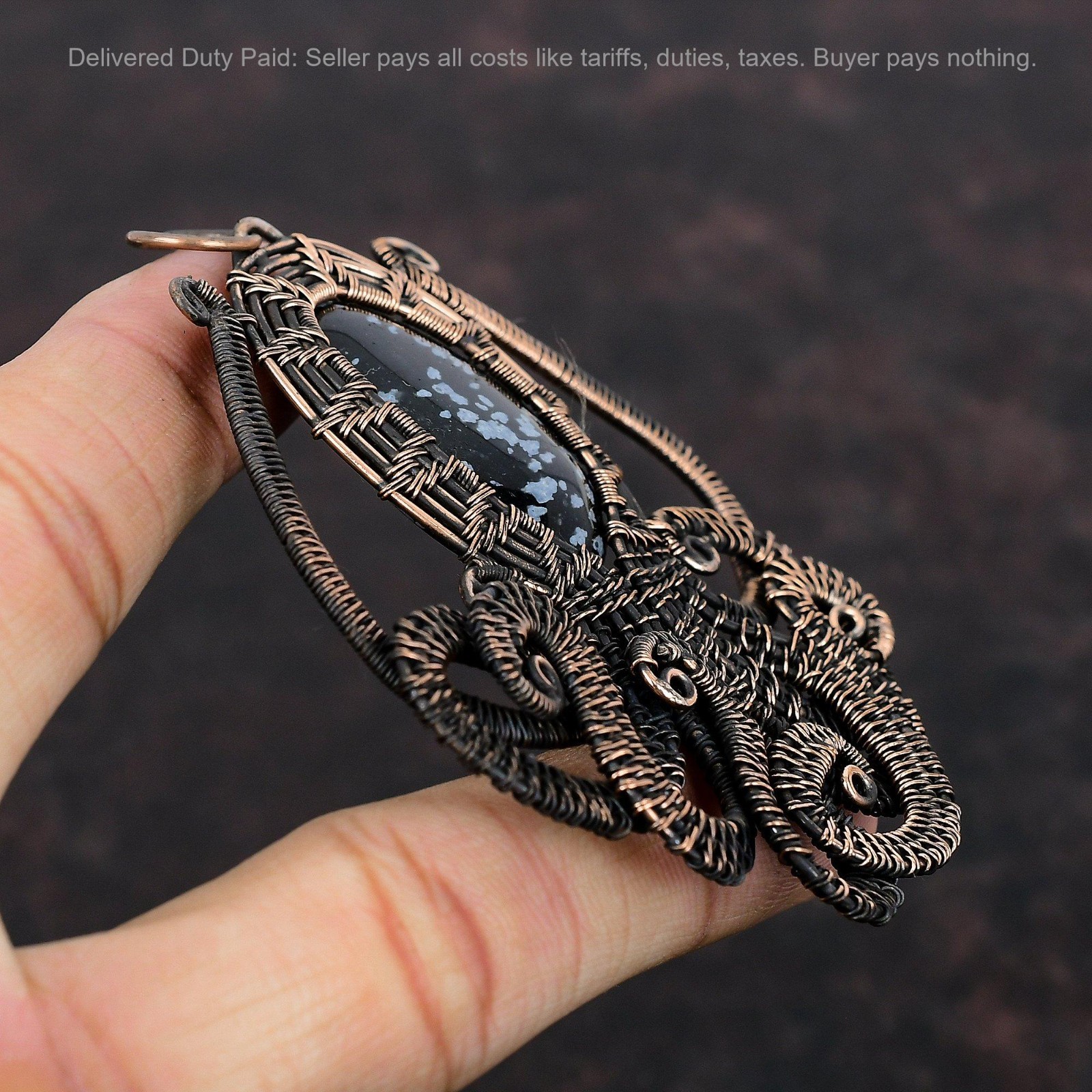 Natural Snowflake Obsidian Wife Wire Wrapped Octopus Engagement Pendant Copper