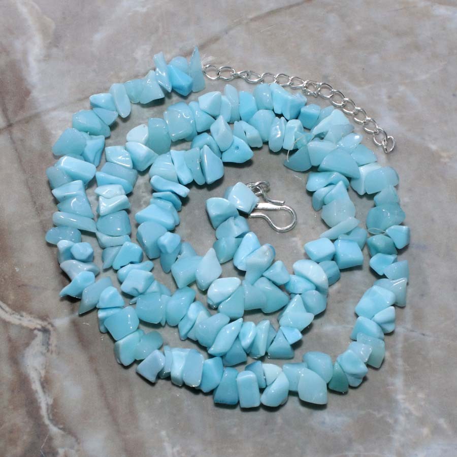 925 Silver Plated Beaded Blue Chalcedony Uncut Necklace 18+2″ Spiritual Gift MJ