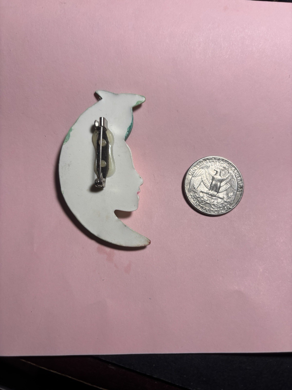 Vintage Crescent Moon Women’s Face Brooch Pin Handpainted Celestial Lady