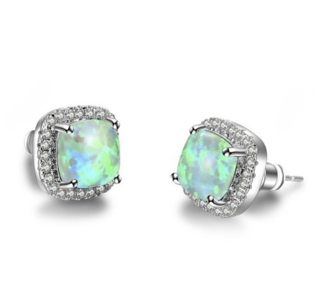 Gorgeous Green Fire Opal CZ Halo Square Earrings & Ring Size 11 Set