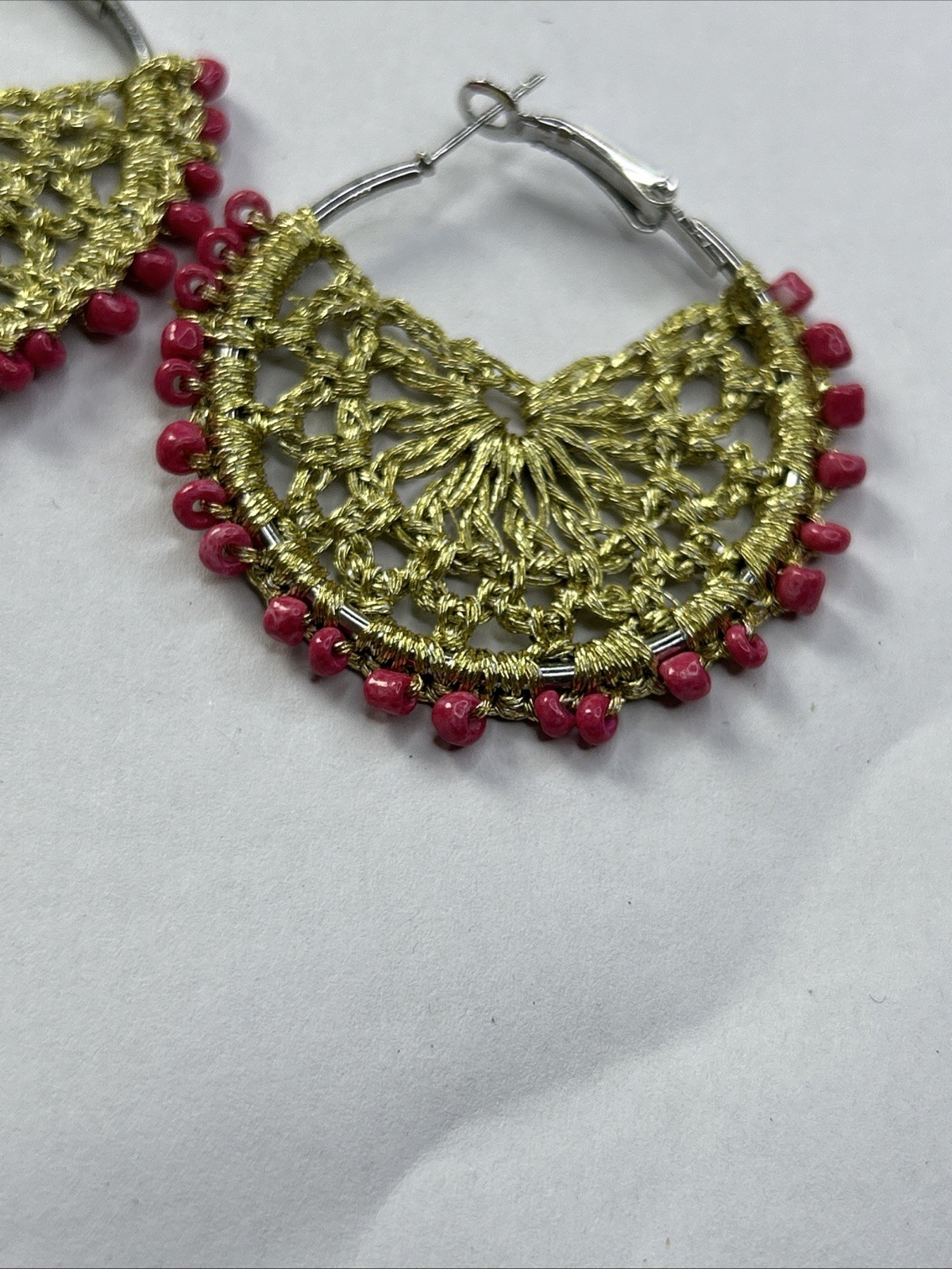 Crochet Handcraft Gold and Pink Beaded Earring Dangle Drop Earrings Gift UK New