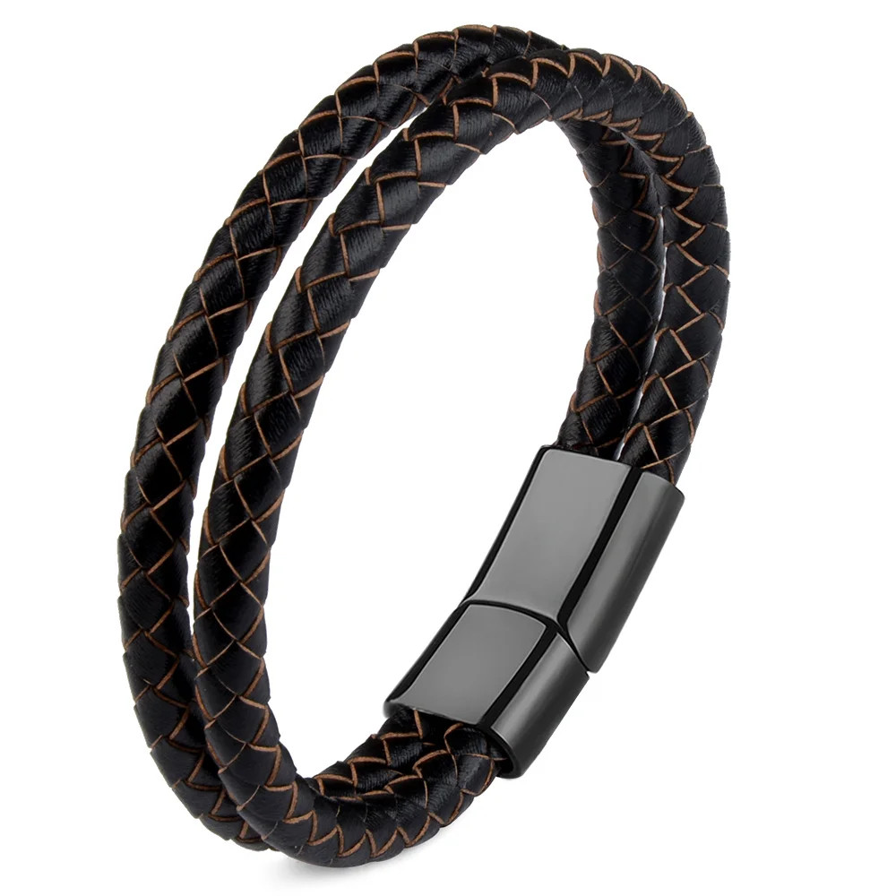 Genuine Leather Double Rope Braid Bracelet For Men Multicolor Choice