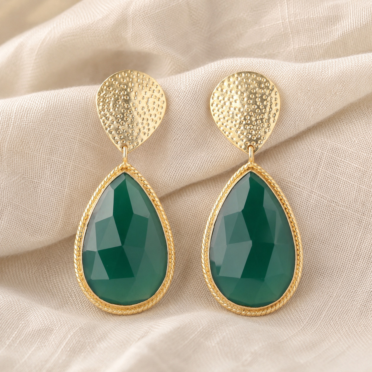Green Onyx Dangle Drop Gold Plated Brass Earrings, Women Jewelry Gift ER-1
