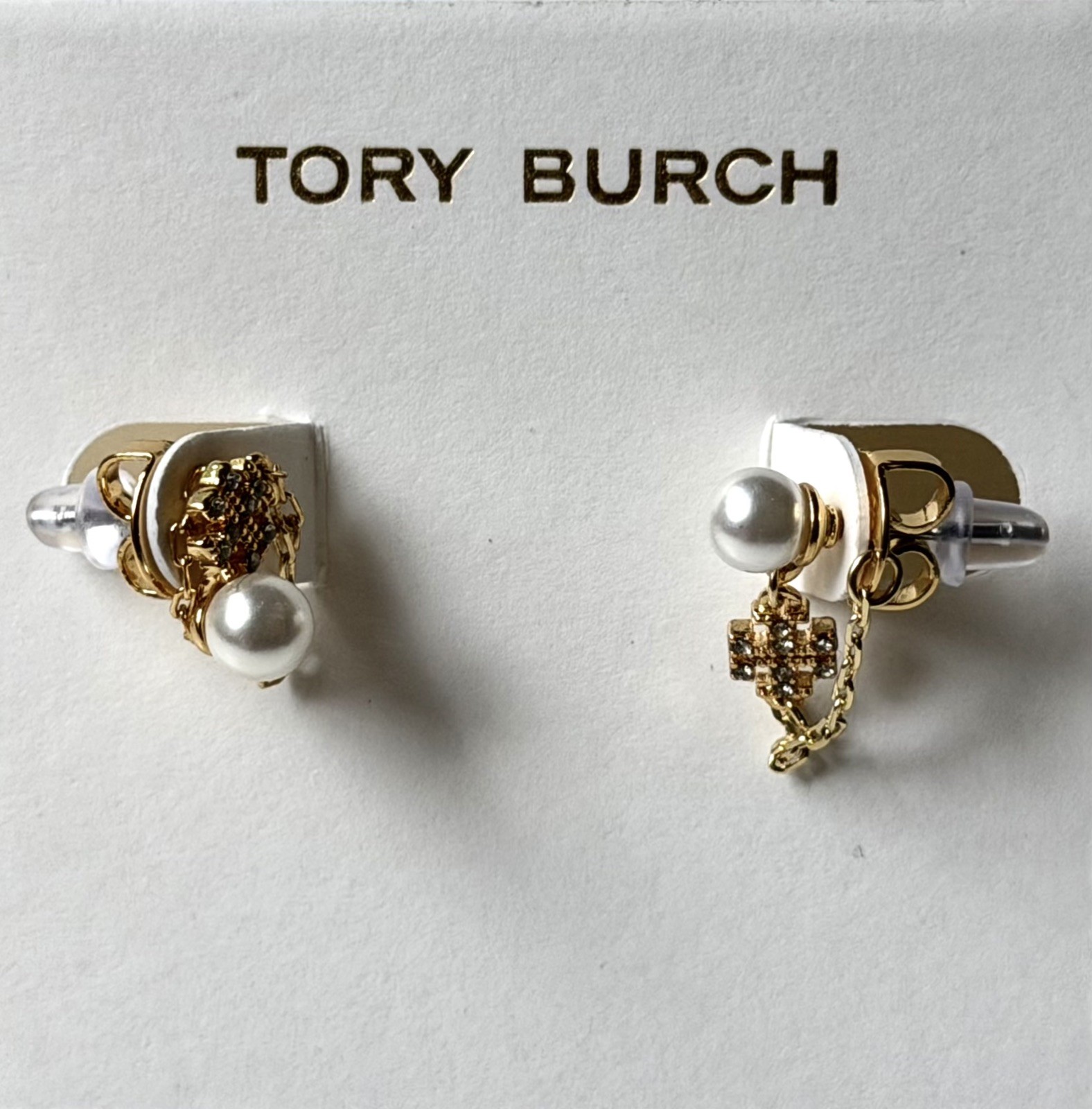 Tory Burch Cross Drop Earrings Gold Tone Pearl Chain Crystal Butterfly Sexy logo