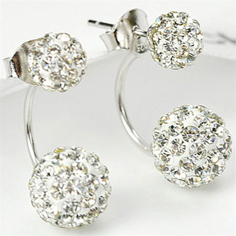 1 Pair Silver Women Lady Jewelry Double Beaded Rhinestone Crystal Stud Earrings