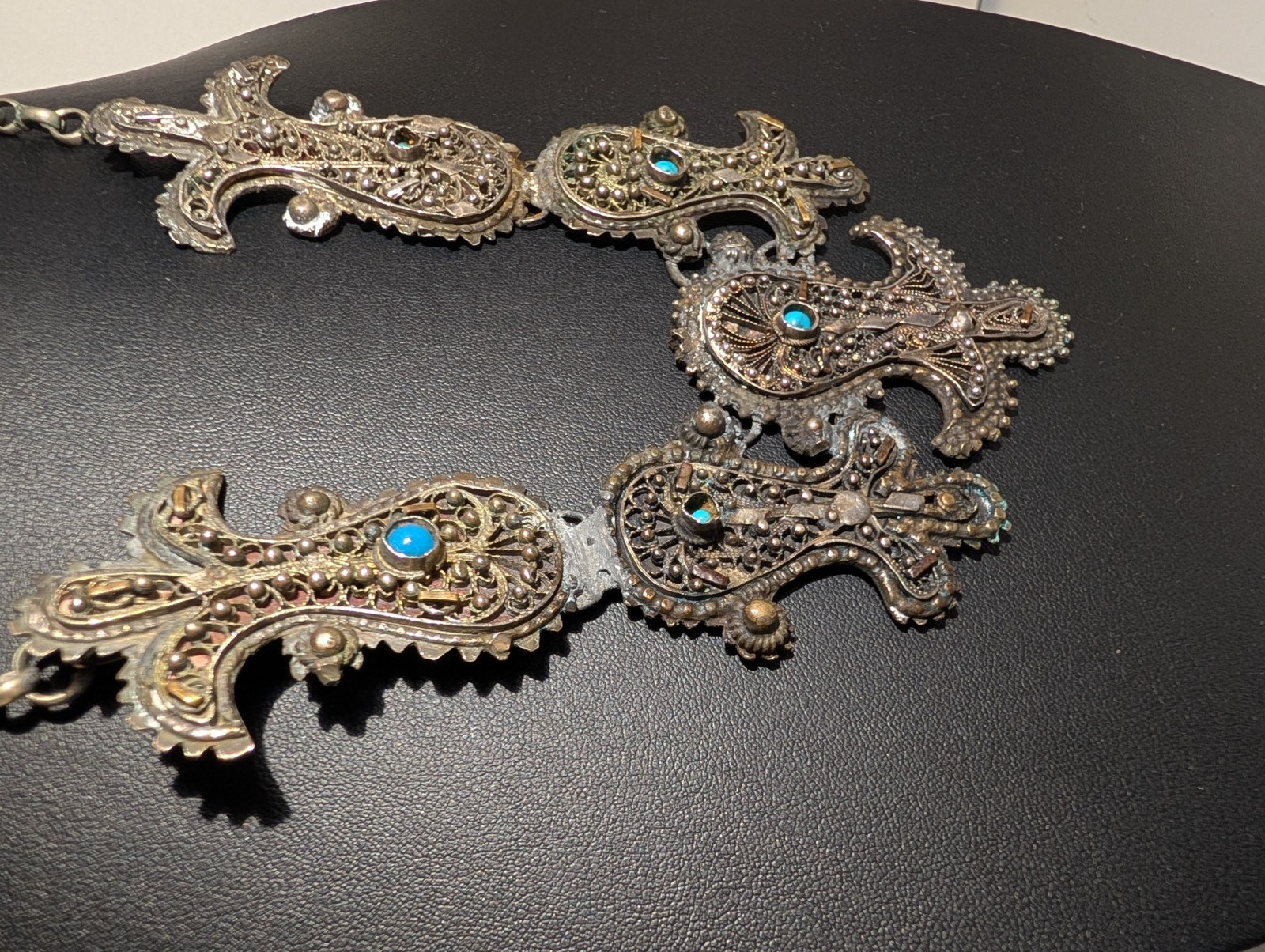 Vintage Middle Eastern Style Filigree Bib Necklace Blue Glass Cabochons