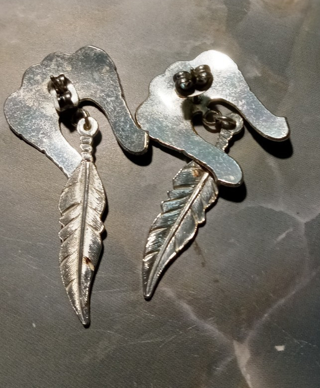 Silver color & Gold-Plated Black Enamel, Wings & Feather Southwestern Earrings