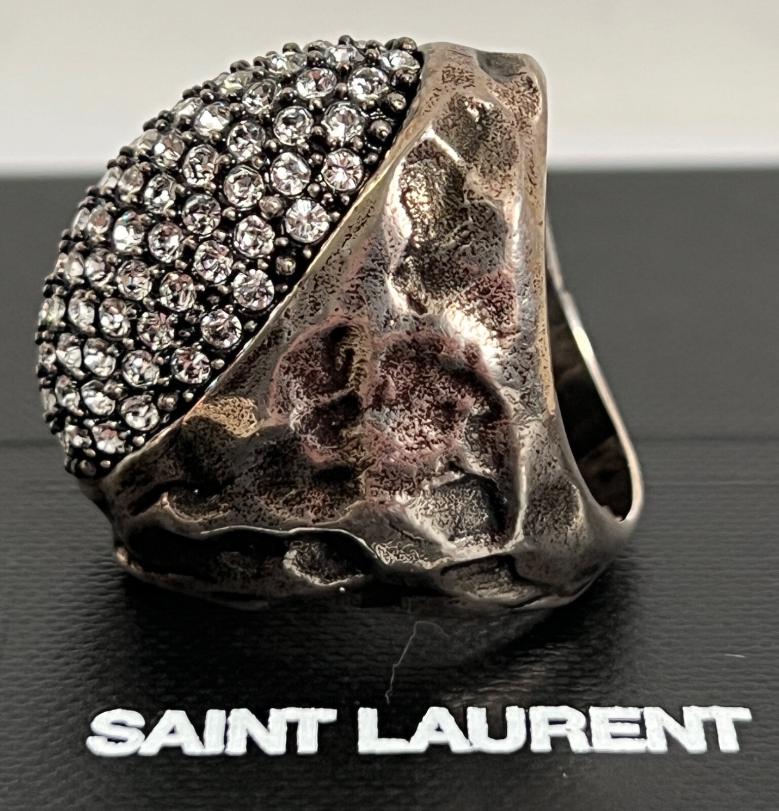 NIB Saint Laurent YSL Crystal Egg Molten Silver Brass Dome Cocktail Ring 7 $895