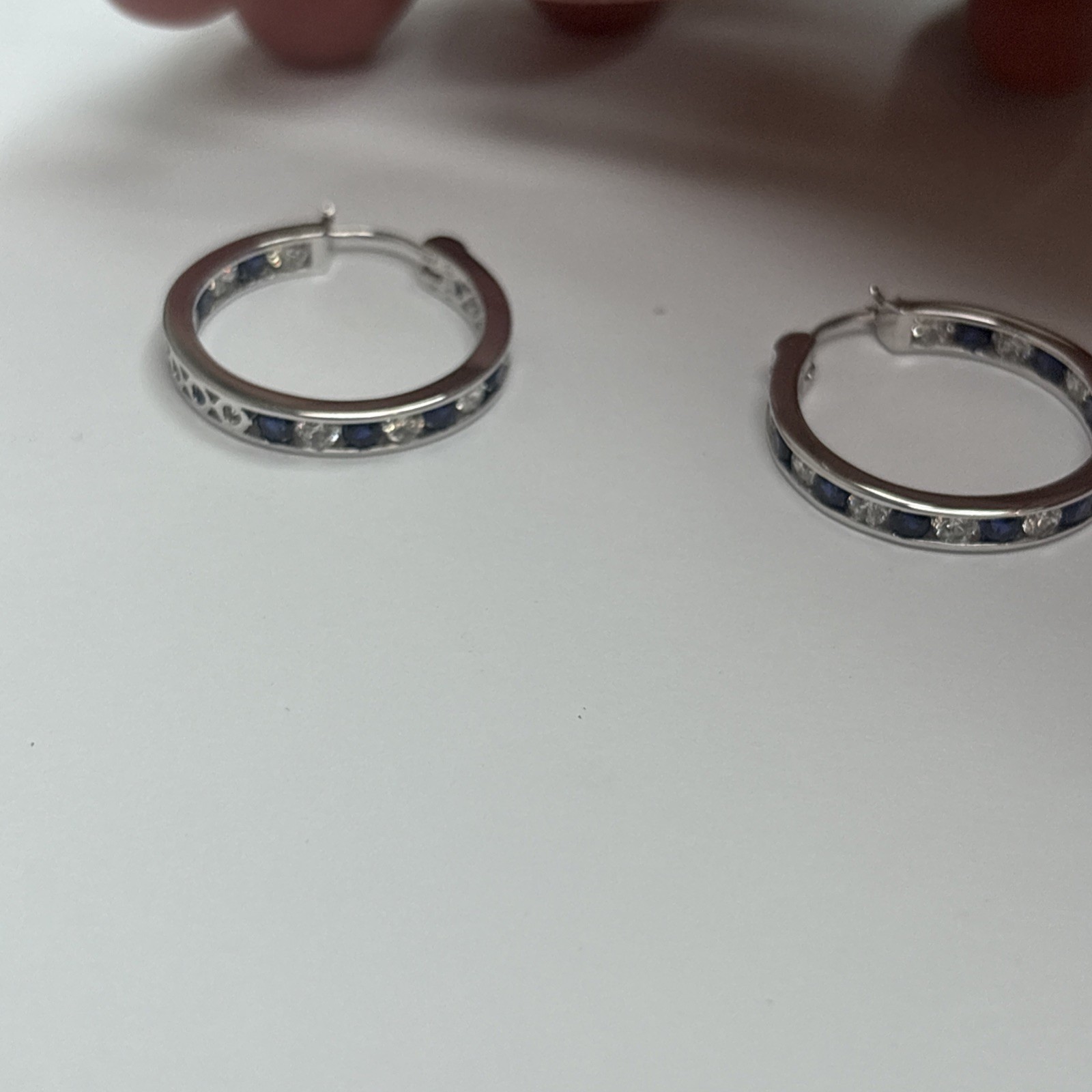 Women’s Earrings Blue And Whit Cz Stones Hoop Style As Is 925 Silver