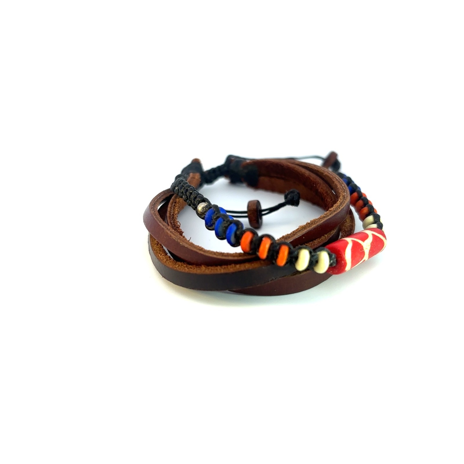 Handmade Men Leather Braided Bracelet Set Tribal Beaded Boho Adjustable
