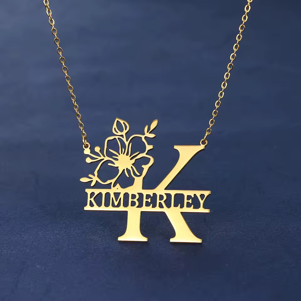 Personalized Name Flower Pendant Necklace Gold Silver Stainless Steel Jewelry
