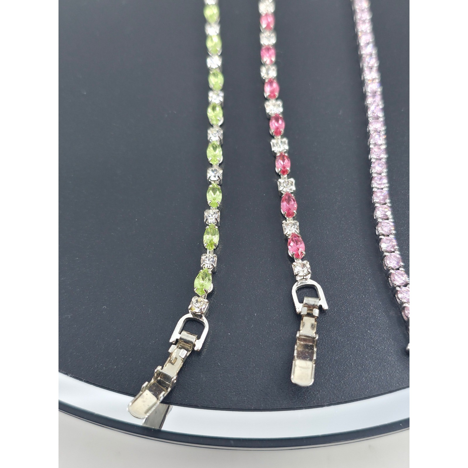 Women Silver Tone Tennis Bracelet Set 3PC Marquise Round Pink Green Stud Earring