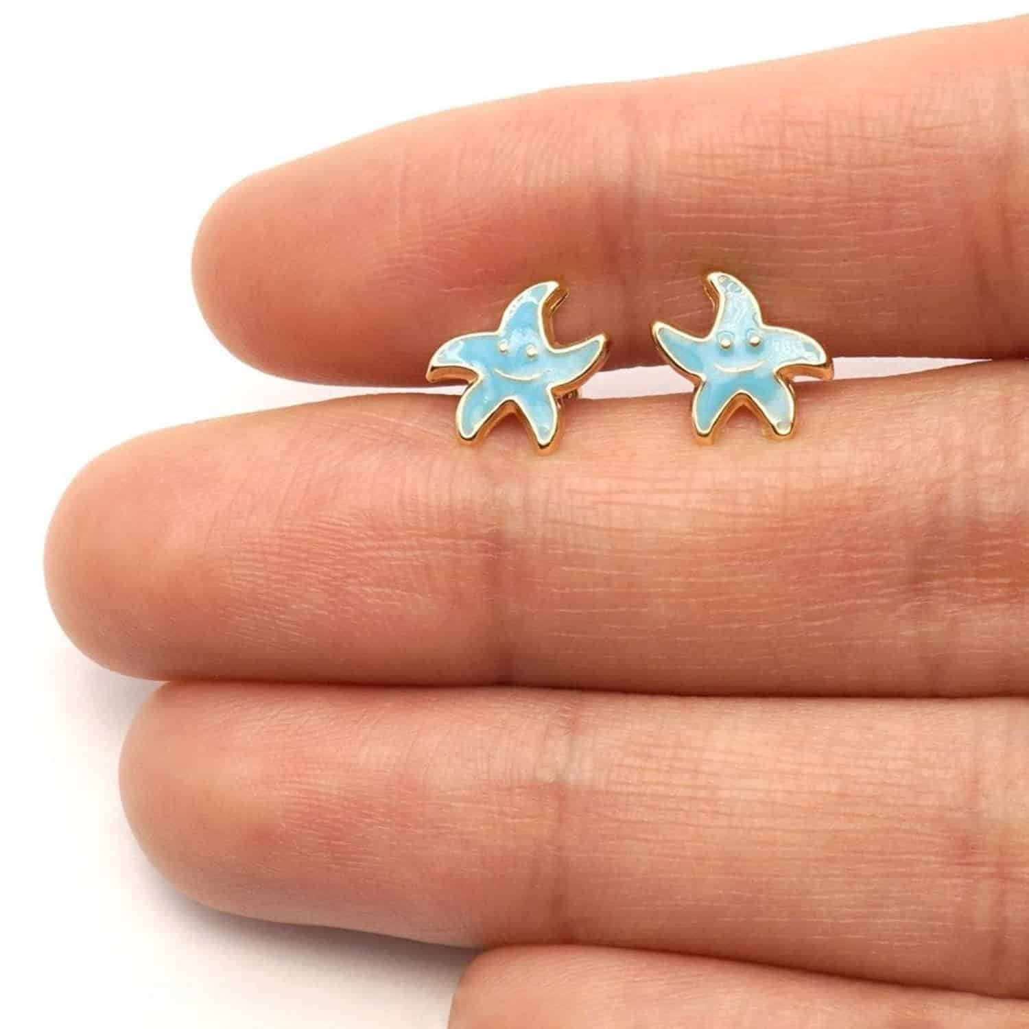 Kid’s 14K Yellow Gold Blue Pink Red Green Enamel Starfish Stud Earrings