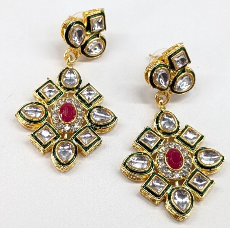 Bollywood India Wedding Gold Tone Clear Pink Rhinestone Pierced Earrings Chunky