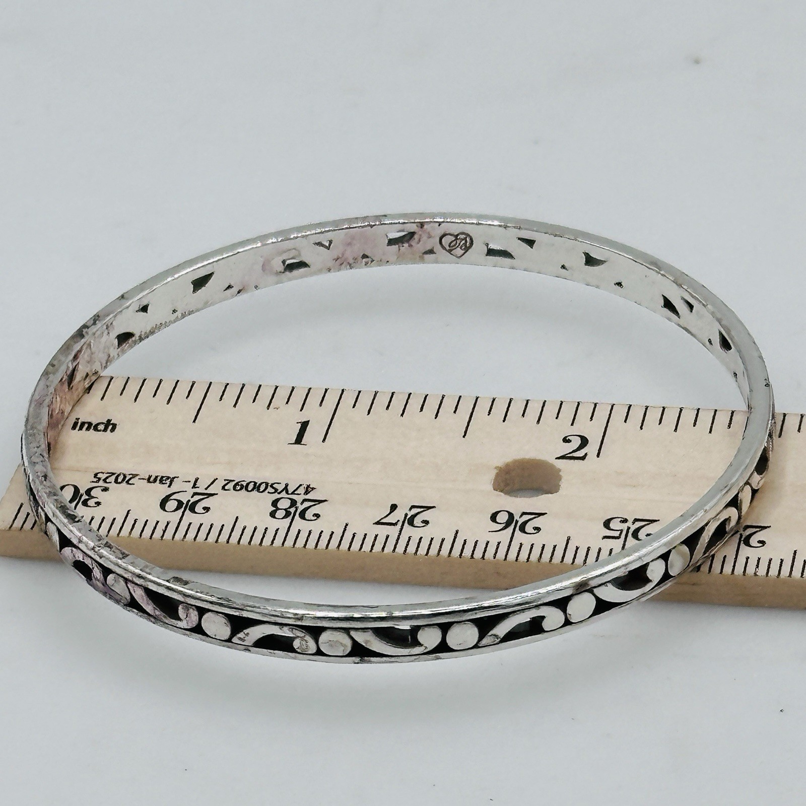 Brighton Contempo Slim Bangle Bracelet Silver Tone Scrollwork Stackable 2.5”