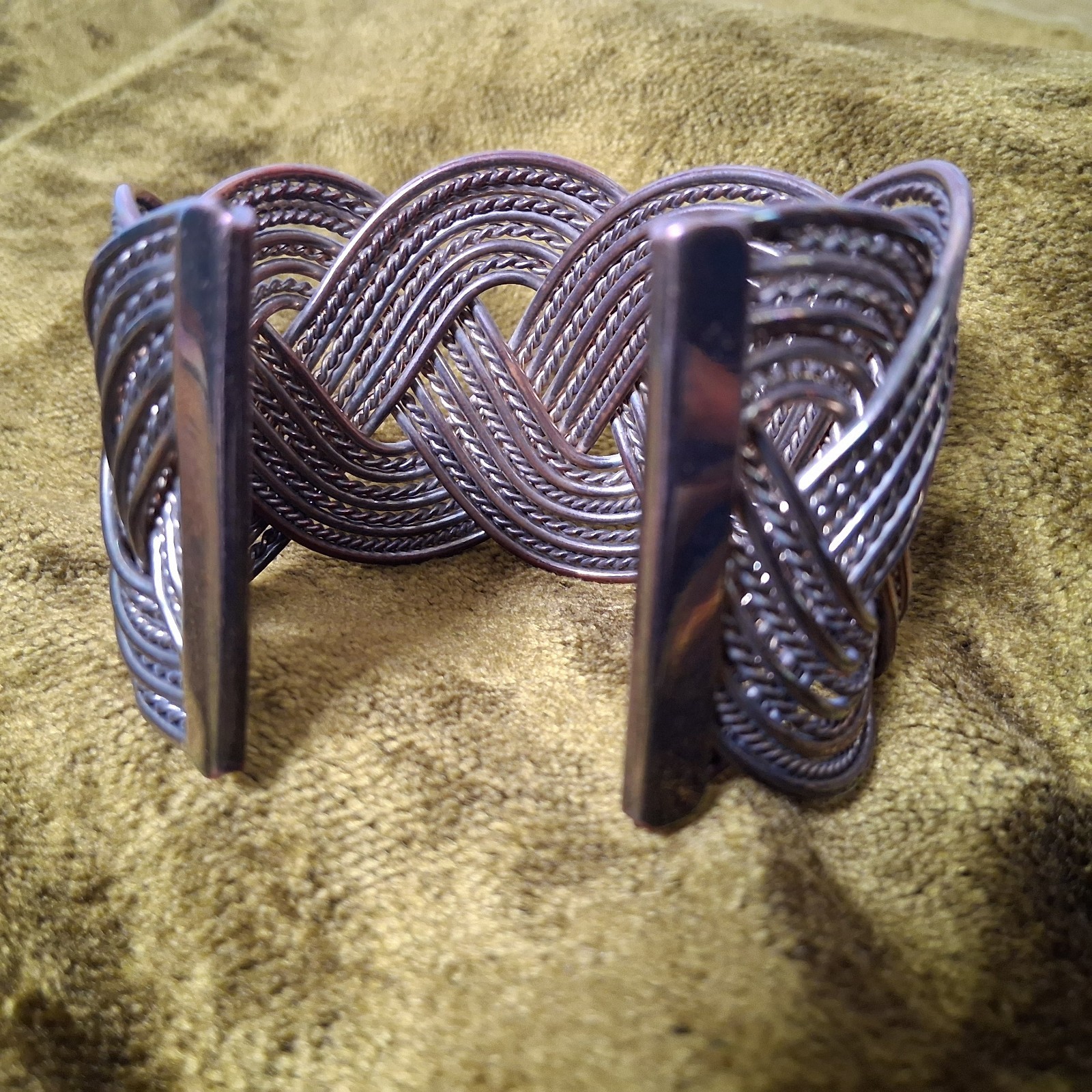 Braided Metal Cuff Bracelet Slip On Chunky Metal Jewelry Coil Boho 2″ Wide