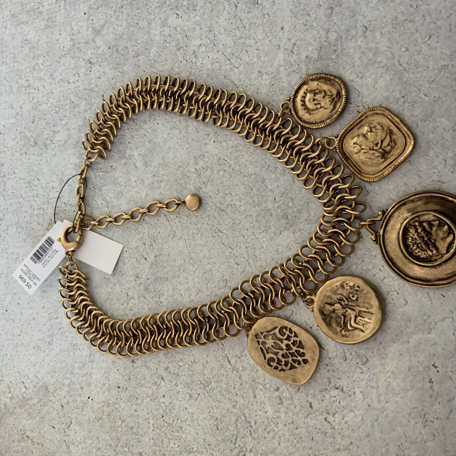 Chico’s Roman Coin Statement Necklace Antique Brass Medallion Charm Bib
