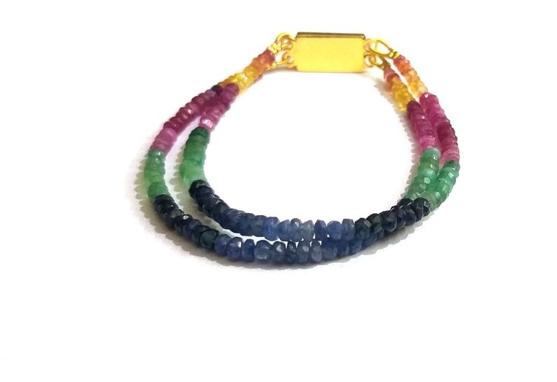 Dainty 2 Strand Multi Sapphire Faceted Rondelle Gemstone Beaded Bracelets 6-8”