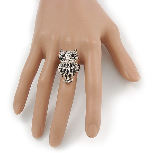Owl Ring In Silver Tone Metal with Black Enamel Detailing – 30mm L – 7/8 Size –