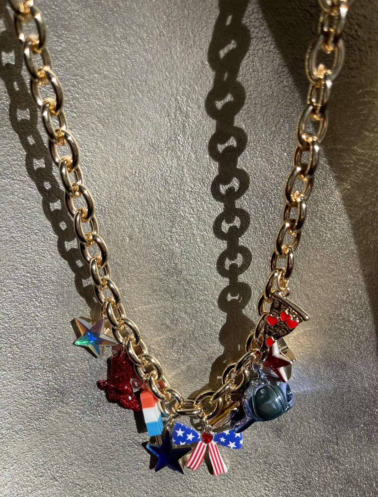 Betsey Johnson Americana USA Red White Blue Charm Shiny Gold Tone Necklace NWT