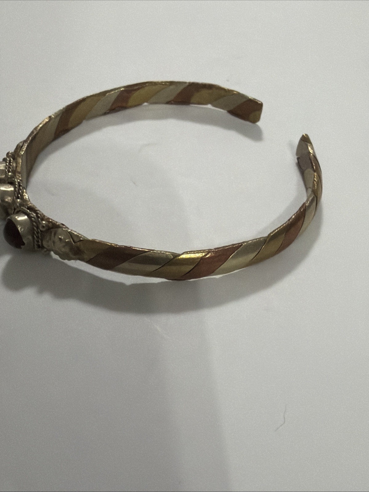 Vintage 3 Metal Braided Cuff Rope, Green & Red Stone, Copper Tone Bracelet —(G)