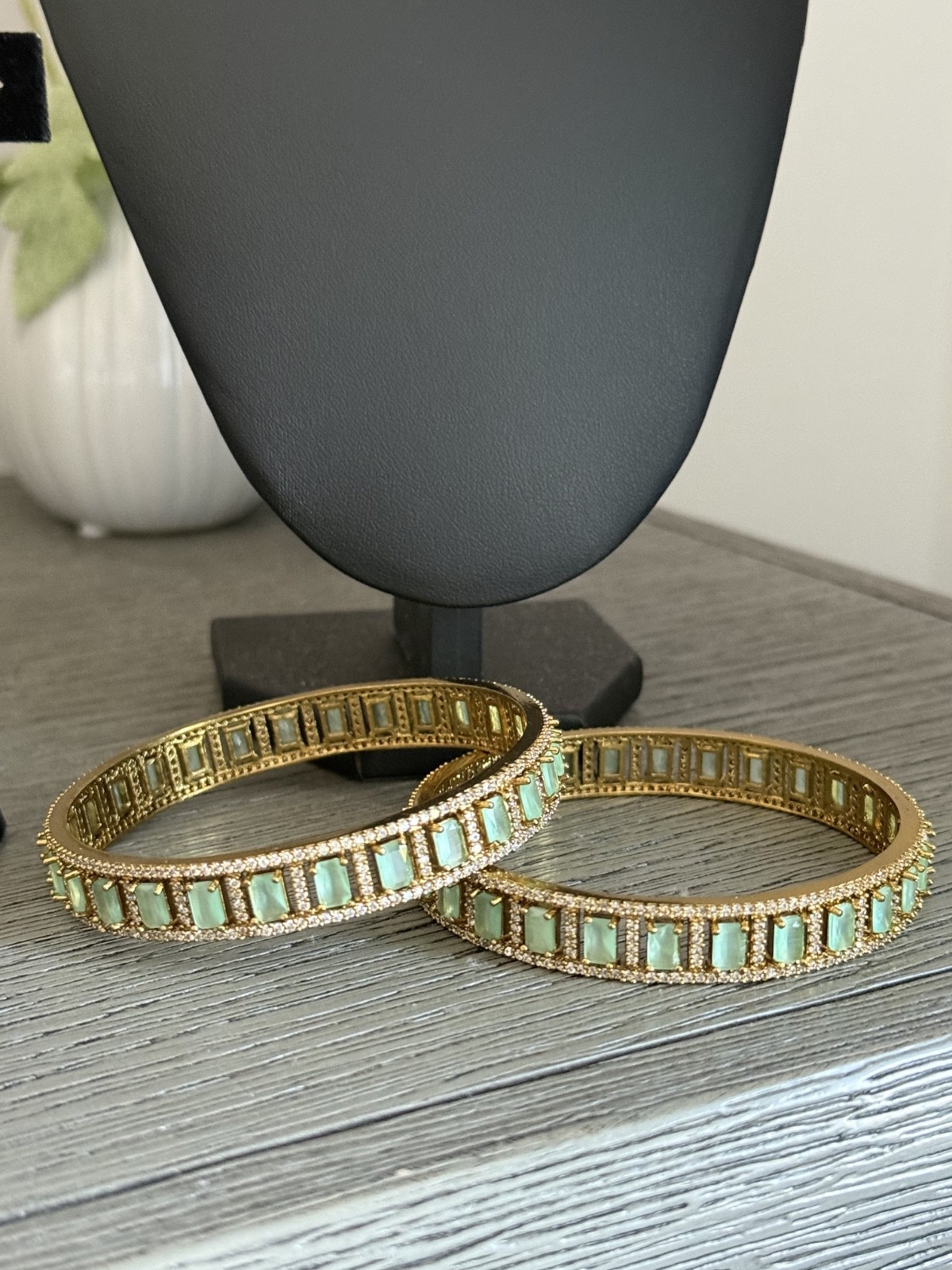 Mint Green CZ Gold Tone Bangle Bracelet Set of 2 Indian Pakistani Jewelry 2.10