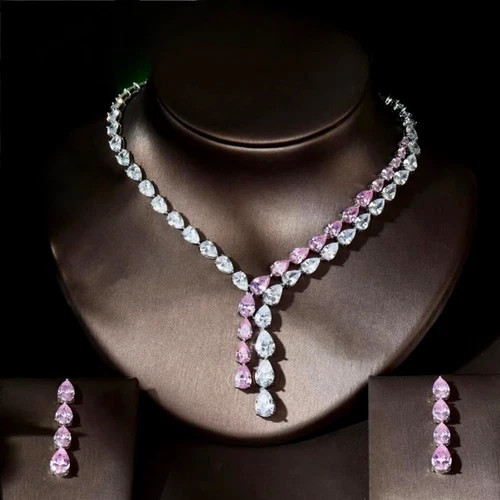 18K White Gold Filled Lab-Created Pink Sapphire Necklace Earring Set Bridal Gift