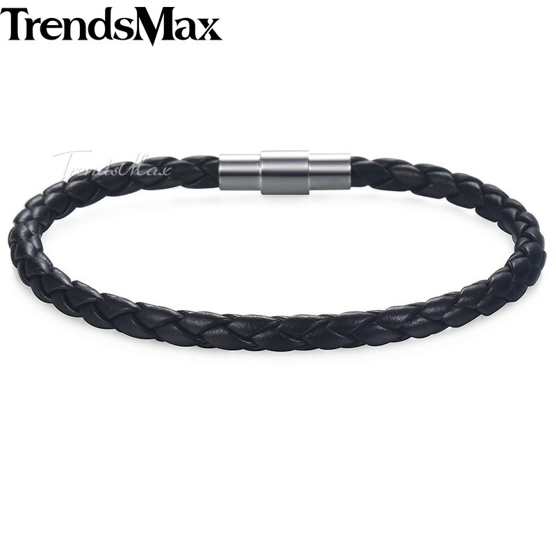 4/6/8mm Black Braided Cord Rope Man-made Leather Bracelet Magnetic Clasp 8-10″