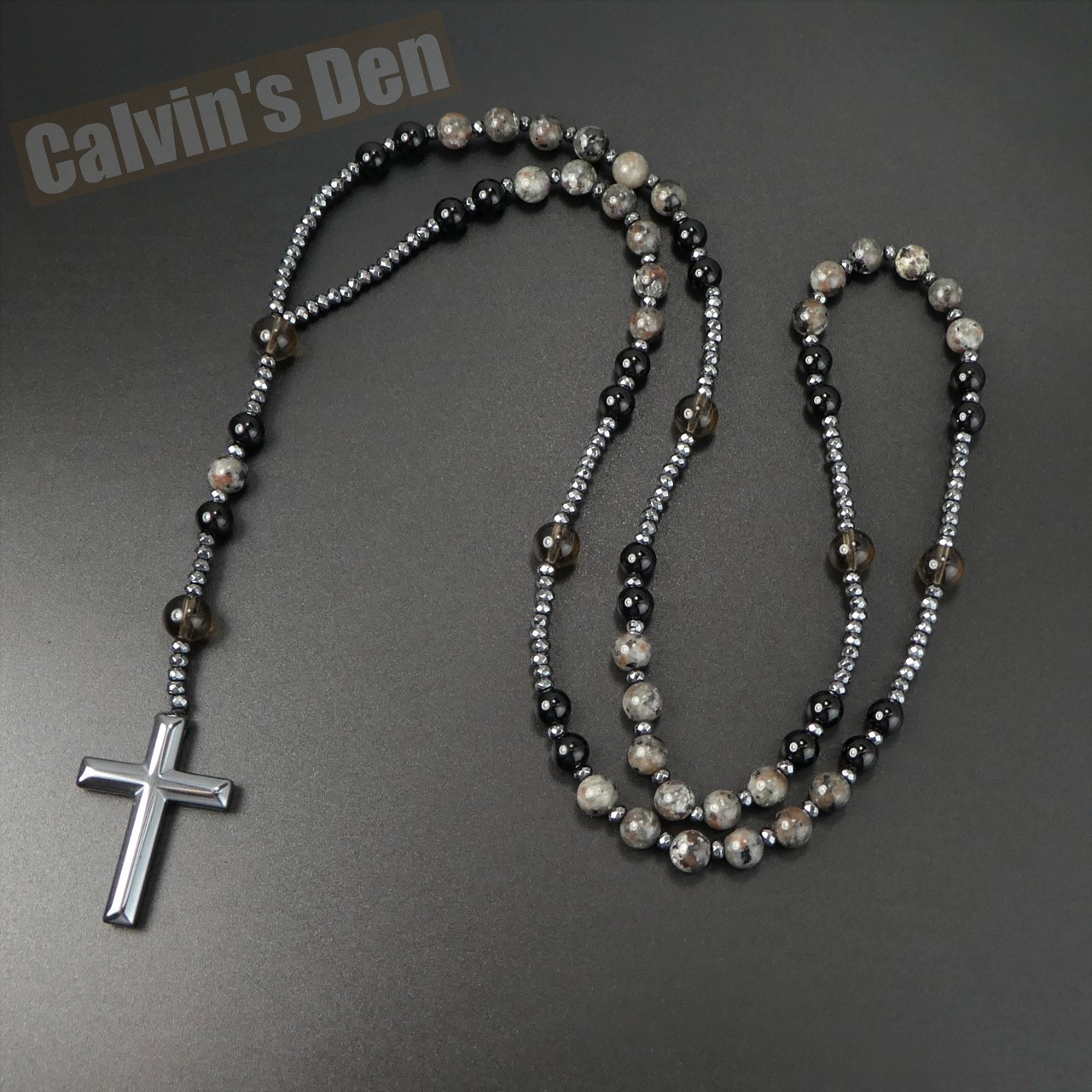 Yooperlite Black Onyx Smokey Quartz Bead Black Hematite Cross Rosary Necklace