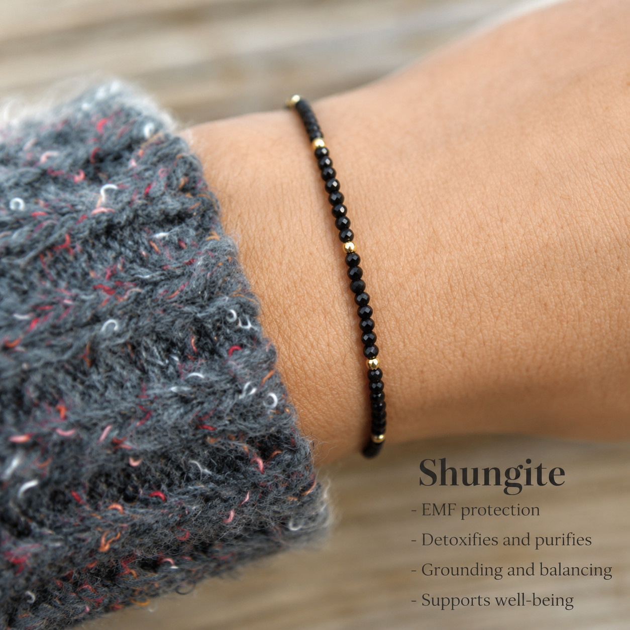 Natural Black Shungite Bracelet EMF Protection Crystal Healing Women Bracelet