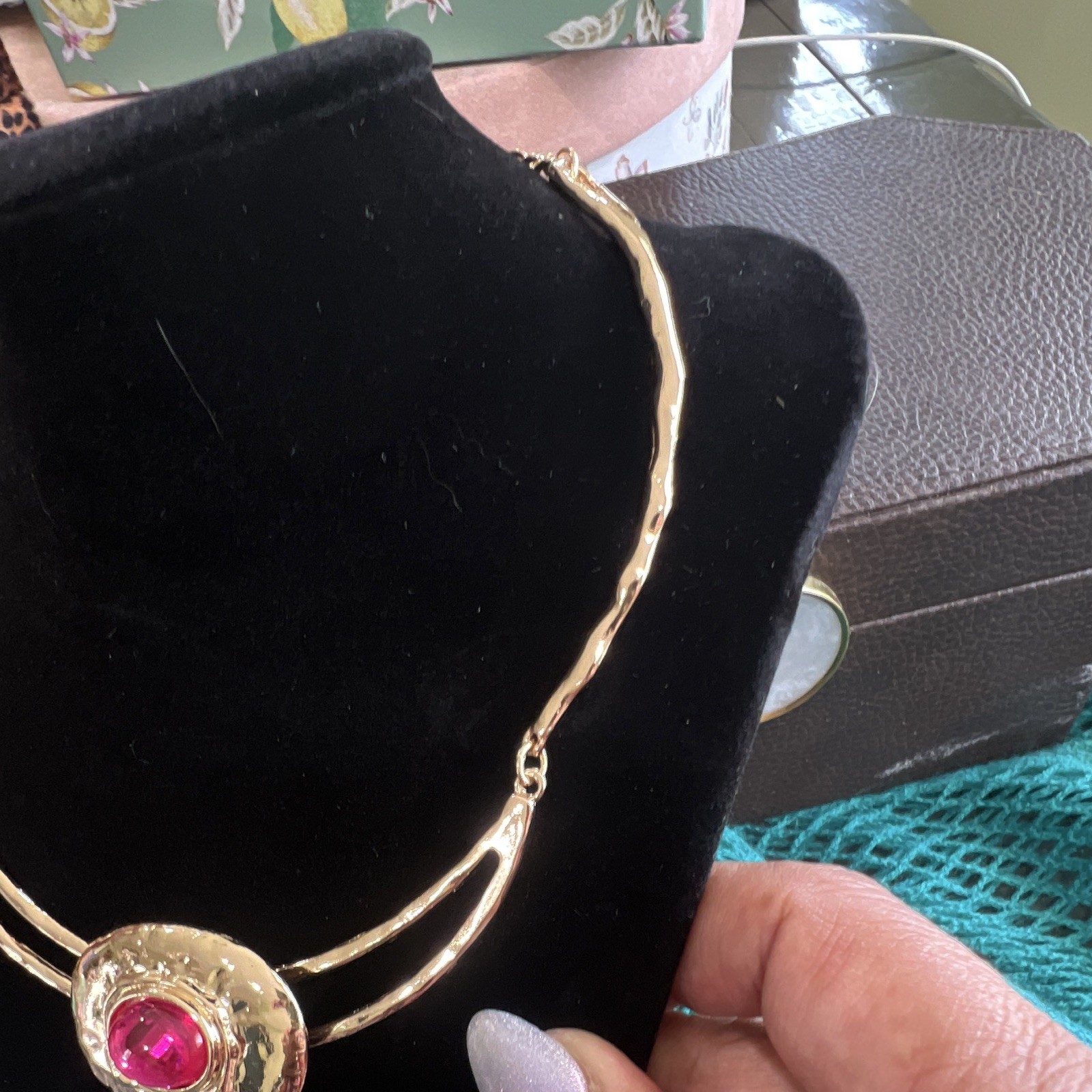 Gold Tone Statement Pendant Necklace, 3 Pink Green Blue Crystal Stones, Adj