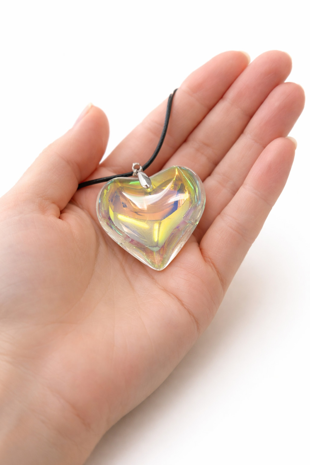 Iridescent Heart Necklace Puffy Heart Pendant Glass Charm Heart Choker Gift