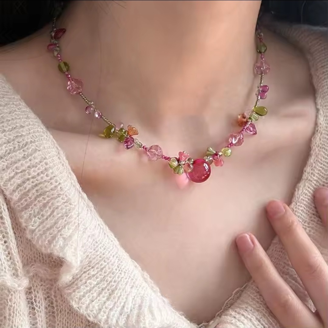 Pink Green Glass Beaded Necklace Round Pink Glass Charm Pendant
